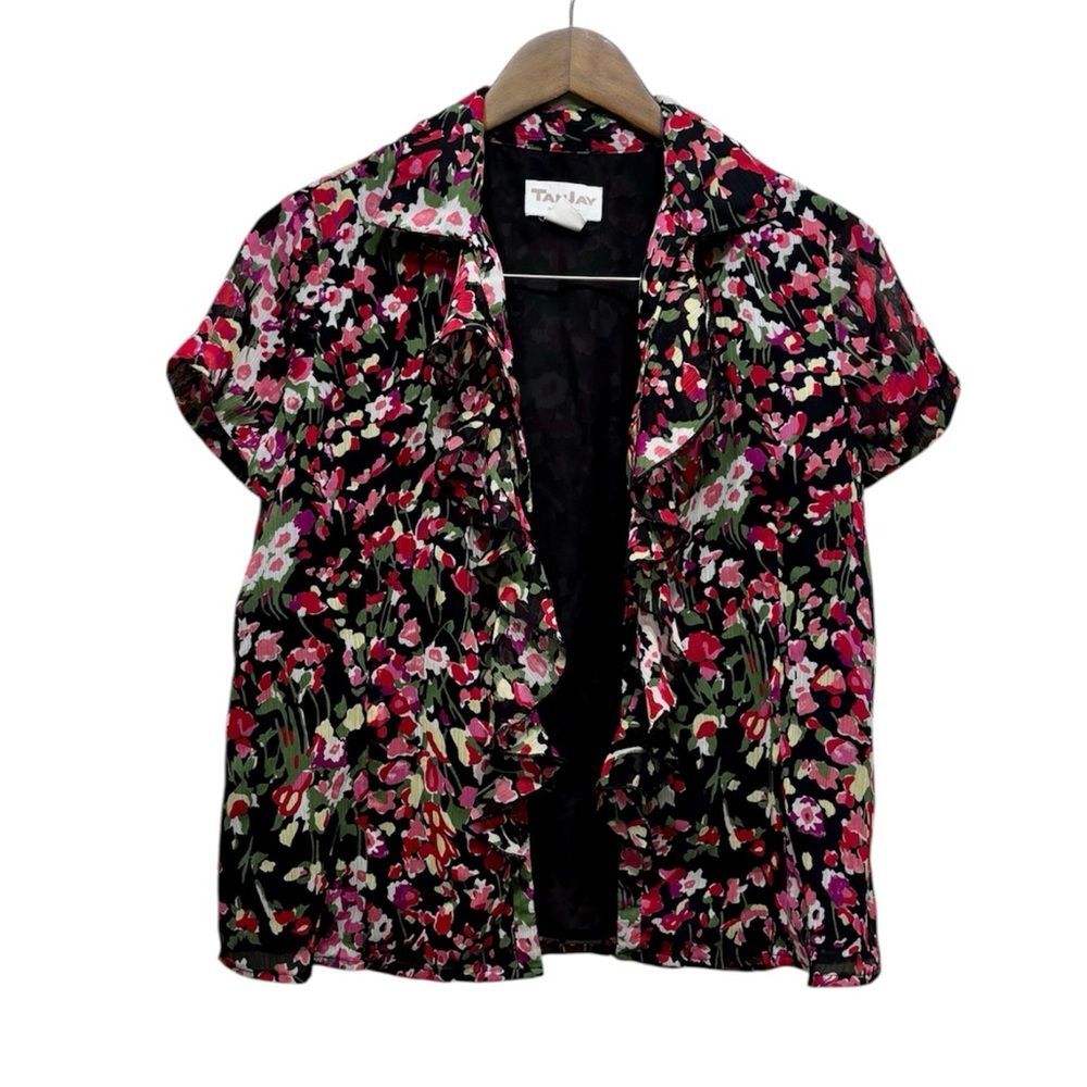TanJay Petites Floral Ruffle Open Front Short Sleeve Cardigan Blouse Top 6P - Picture 8 of 8